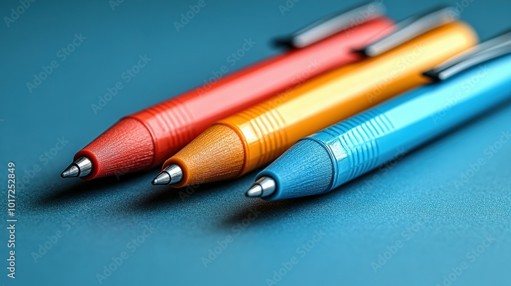 Three Pens Aligned on Blue Surface, Red, Yellow, and Blue Three Pens Aligned on Blue Surface, Red, Yellow, and Blue