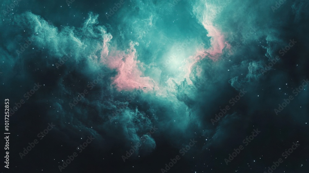 Fototapeta premium A glowing nebula in shades of teal and pink, with distant stars peeking through its ethereal clouds.