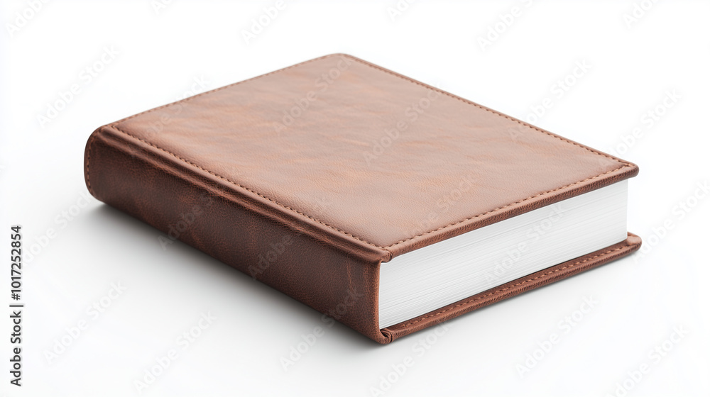 brown leather bound book with smooth cover and white pages, resting on clean white surface. This elegant book is perfect for writing, journaling, or as decorative piece. brown leather bound book with smooth cover and white pages, resting on clean white surface. This elegant book is perfect for writing, journaling, or as decorative piece.