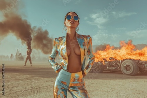 people of ai // partypeople in the desert, model in silver shimmering dress posing in sunlight, post apocalyptic setting, burning truck, photorealistic photo