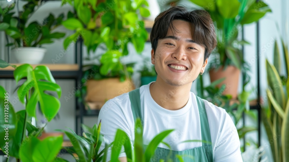 An engaging portrait of a person interacting with their thriving indoor garden An engaging portrait of a person interacting with their thriving indoor garden