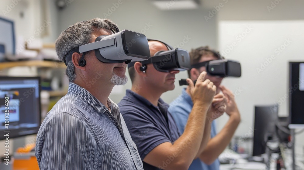 A group of engineers working with virtual reality headsets in a product design lab.