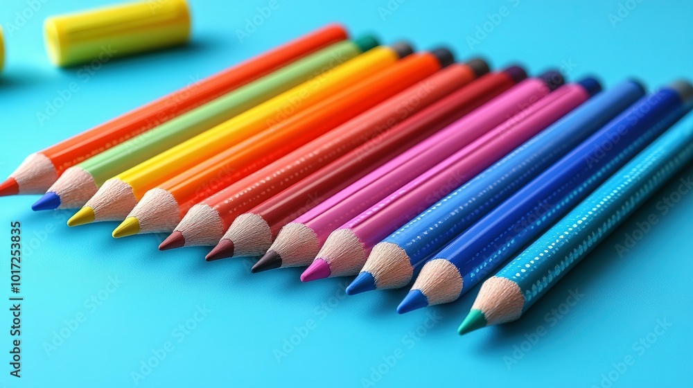 Colorful Pencils Arranged in a Row on Blue Surface Colorful Pencils Arranged in a Row on Blue Surface