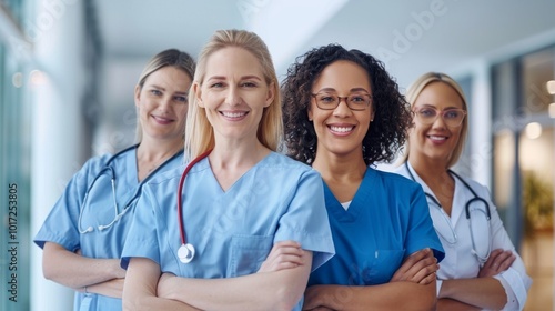 An uplifting image of multiracial female nurses standing together in a healthcare environment