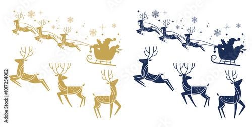 vector reindeer and santa claus sleigh outline silhouette minimal modern set