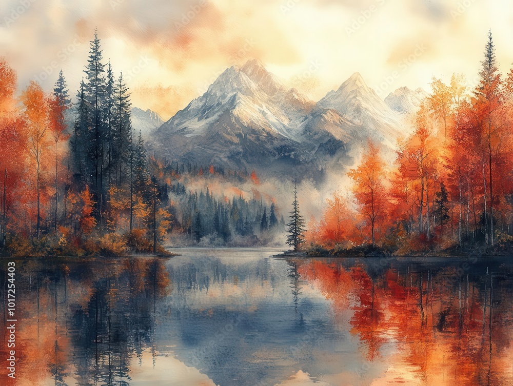 Naklejka premium vibrant autumn landscape featuring majestic mountains, lush forests, and a serene lake, painted in rich watercolors that blend warm orange, red, and yellow hues, evoking tranquility