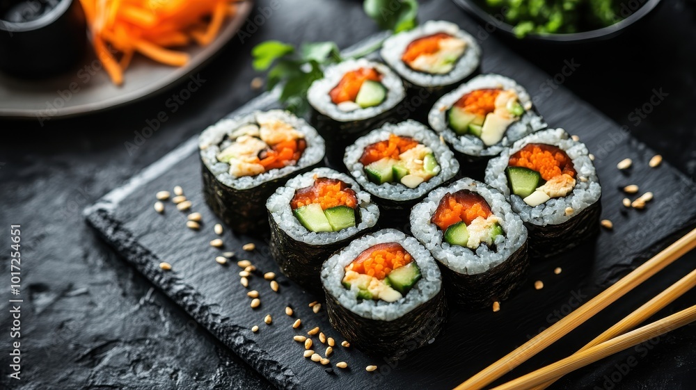 Vegan sushi rolls with avocado, cucumber, and carrot, arranged on a sleek slate plate with chopsticks Vegan sushi rolls with avocado, cucumber, and carrot, arranged on a sleek slate plate with chopsticks