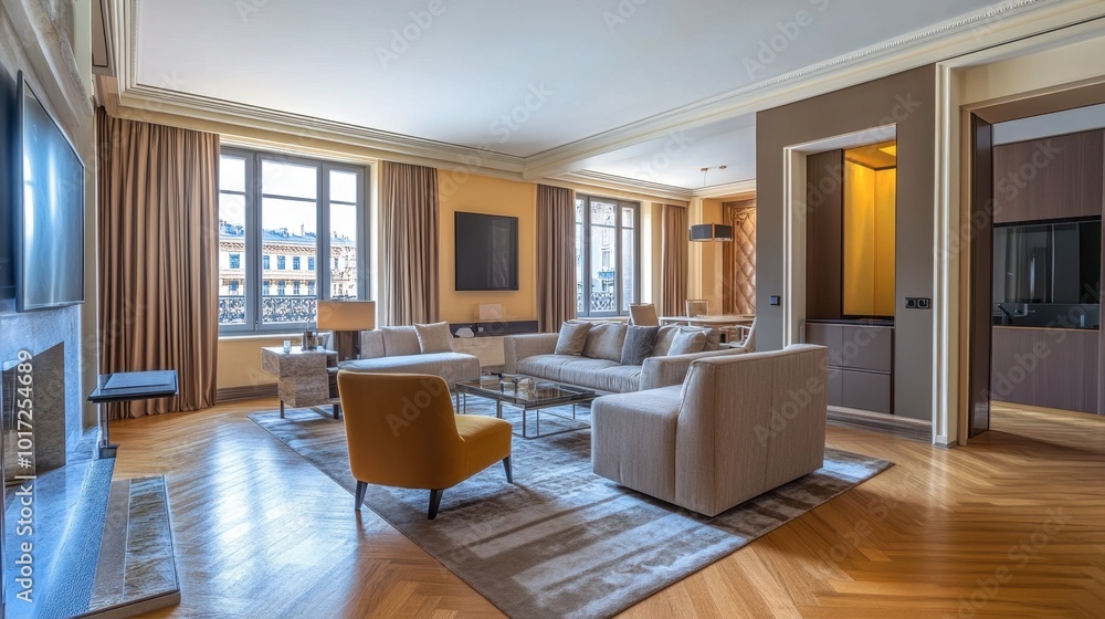 Fototapeta premium A luxurious hotel suite with a glossy parquet floor, plush furniture, and modern amenities.