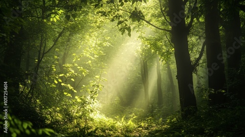 A lush green forest with sunlight filtering through the trees, representing nature conservation.