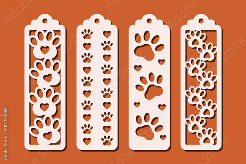 Set of vertical bookmarks with dog paw and heart pattern. Laser cut template. Decorative bookmark stencil for paper, wood and metal cutting. Vector design.