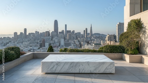 Wallpaper Mural A marble bench on a rooftop terrace, with a panoramic view of the city skyline. Torontodigital.ca