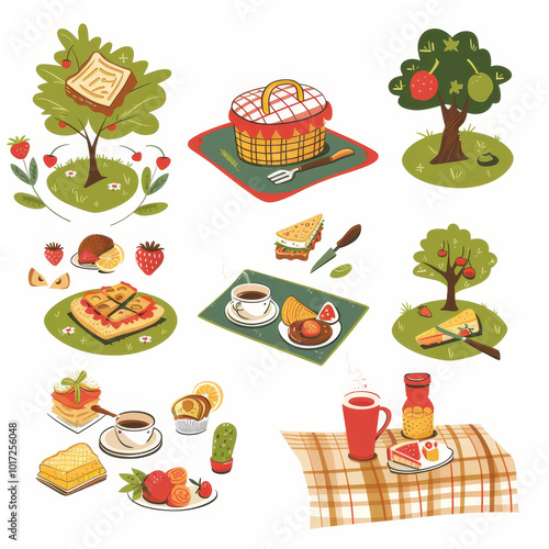 Vector illustration stickers clipart on white background isolated.  Set of picnic on nature - basket, blanket, tree, summer vibe, vacation. Eat food outfoor photo