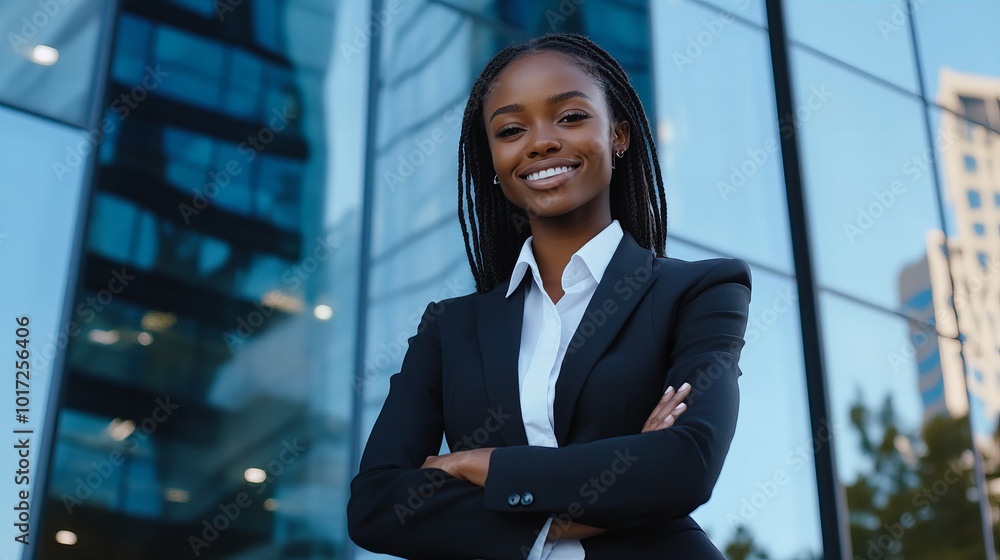A confident businesswoman in a black suit standing in front of a modern glass building. Ideal for corporate, leadership, or professional themes A confident businesswoman in a black suit standing in front of a modern glass building. Ideal for corporate, leadership, or professional themes