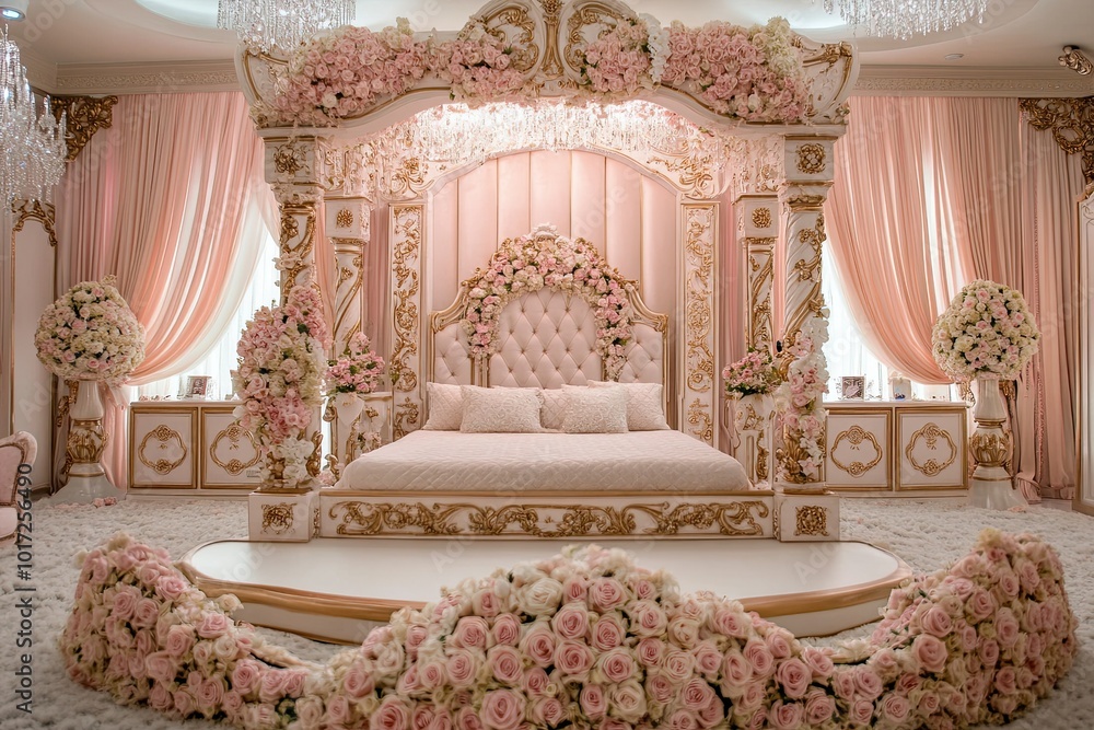 luxury pink and cream bridal room decoration with modern bed, beautiful flowers and elegant royal carving luxury pink and cream bridal room decoration with modern bed, beautiful flowers and elegant royal carving