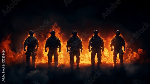 Five firefighters stand strong against a blazing background, symbolizing courage, teamwork, and heroism