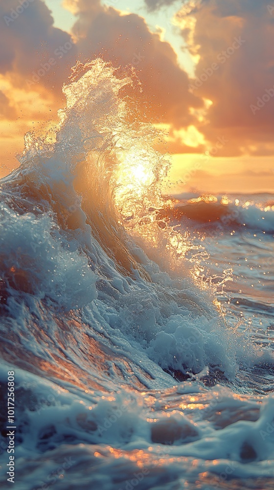 Naklejka premium Golden Hour Ocean Wave: A Serene Sunset Landscape