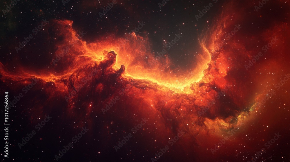 A nebula cloud resembling a cosmic dragon, with vibrant red and orange gases forming its shape. A nebula cloud resembling a cosmic dragon, with vibrant red and orange gases forming its shape.