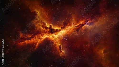 A nebula cloud resembling a cosmic dragon, with vibrant red and orange gases forming its shape.