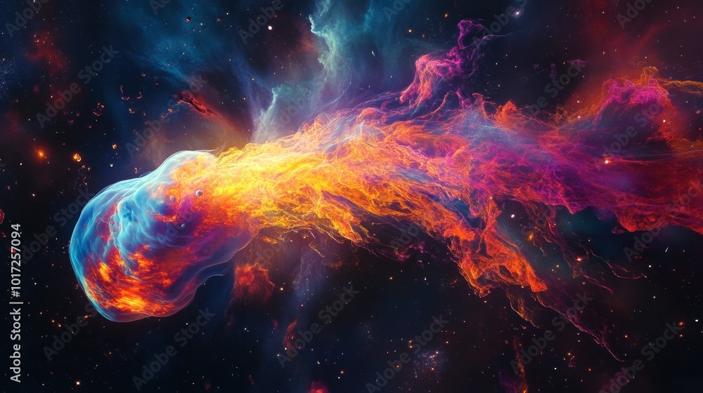 A nebula resembling a cosmic jellyfish, with long tendrils of gas glowing in vibrant colors. A nebula resembling a cosmic jellyfish, with long tendrils of gas glowing in vibrant colors.