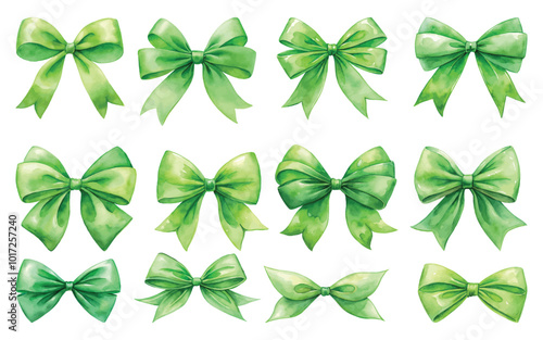 green watercolor color bows clipart set isolated from white background
