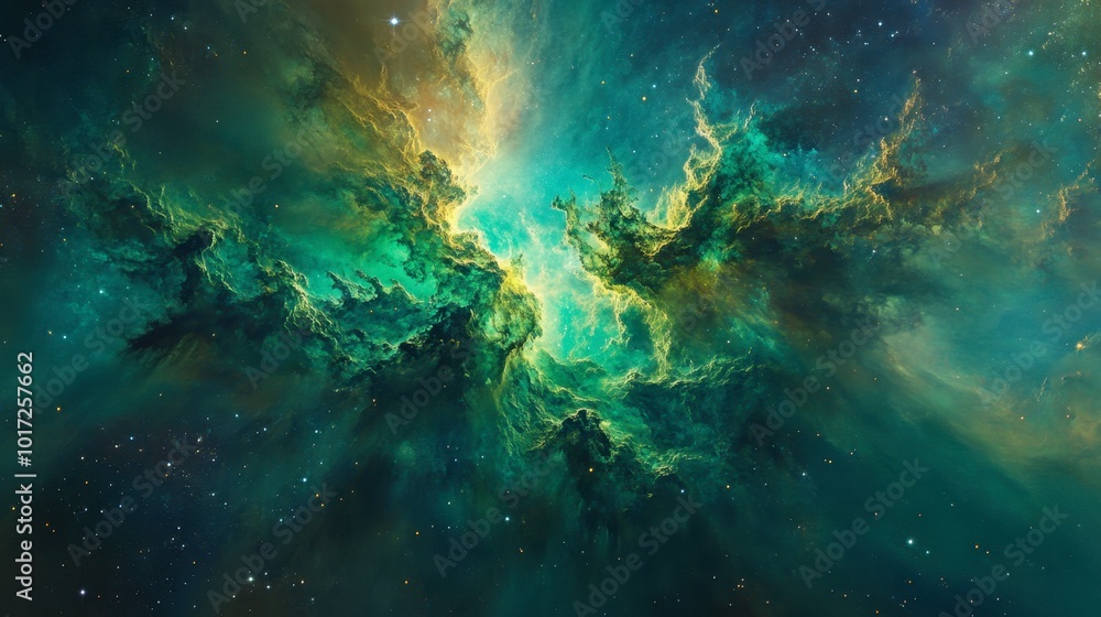 A nebula shaped like a cosmic tree, with vibrant green and blue gases forming its branches. A nebula shaped like a cosmic tree, with vibrant green and blue gases forming its branches.