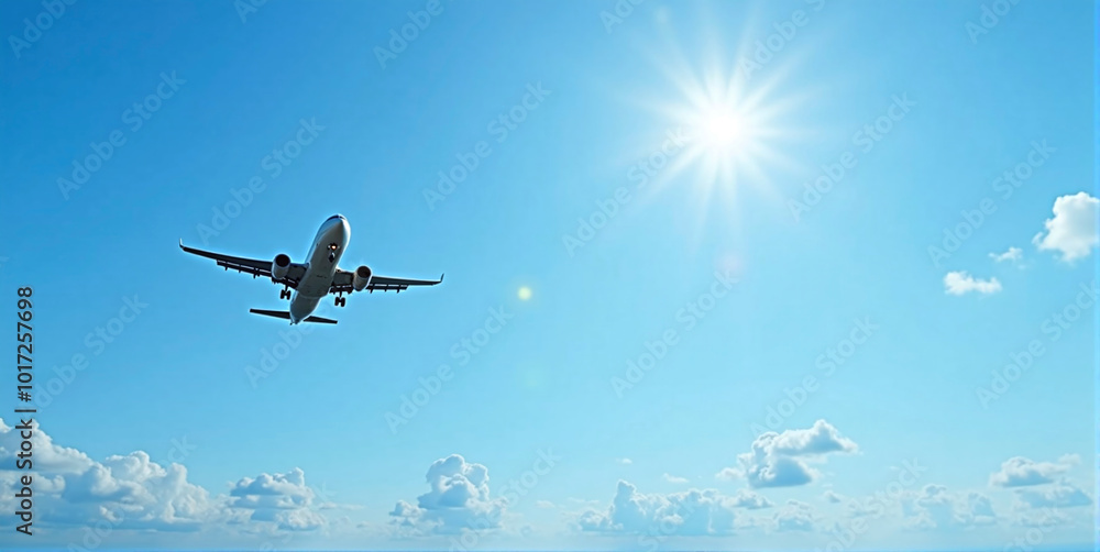 Airplane after departure on its way to the destination in front of cloudy sky, Passenger and goods transportation in aviation Airplane after departure on its way to the destination in front of cloudy sky, Passenger and goods transportation in aviation
