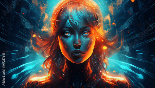 Futuristic woman with neon effects, dark background