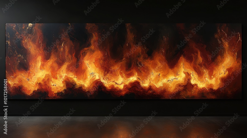 Fototapeta premium Majestic Large-Scale Abstract Fire Display on Elegant Dark Wall: Stunning Visual Art Installation Radiating Warmth and Energy