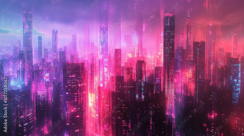 A cityscape made entirely of shifting holograms, with buildings constantly dissolving and reforming into strange, surreal shapes, Simulation, Sci-fi, Neon Glow, Futuristic A cityscape made entirely of shifting holograms, with buildings constantly dissolving and reforming into strange, surreal shapes, Simulation, Sci-fi, Neon Glow, Futuristic