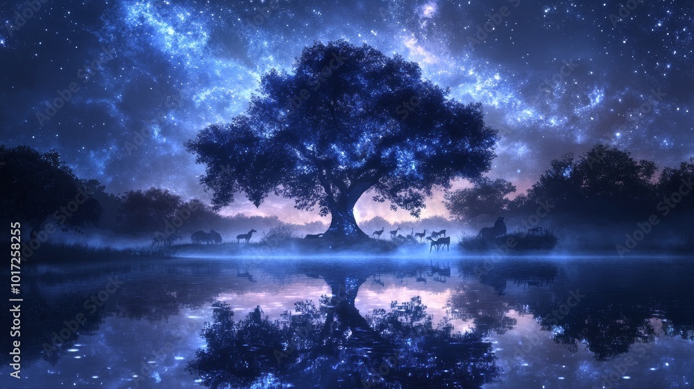 Obraz premium A giant tree made of shimmering glass, with its branches extending into the sky and turning into rivers of stars. Below, animals made of mist wander through a forest of mirrors