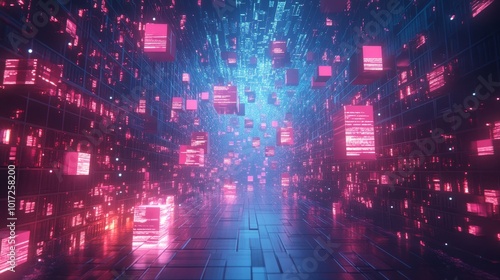 Library with books floating like birds, glowing words spilling into rivers of light, Infinite shelves, Surrealist, 3D render, cool neon tones, fantasy vibes