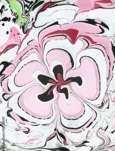 Hand Painted Abstract Marbled Artwork: Pink Black and Red Flower on Pink and White background