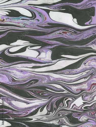 Hand Painted Abstract Marbled Artwork: Purple, Black, and White Stripes