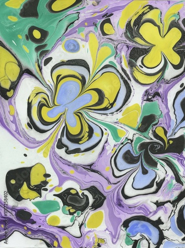 Hand Painted Abstract Marbled Artwork: Light Blue Florals with Yellow and Black Outlines and Lilac Background elements