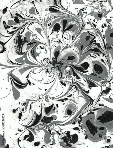 Hand Painted Abstract Marbled Artwork, Black, Grey and White Floral Pattern on Wispy Background