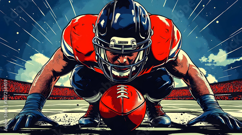 A football player poised to snap the ball on a vibrant field.