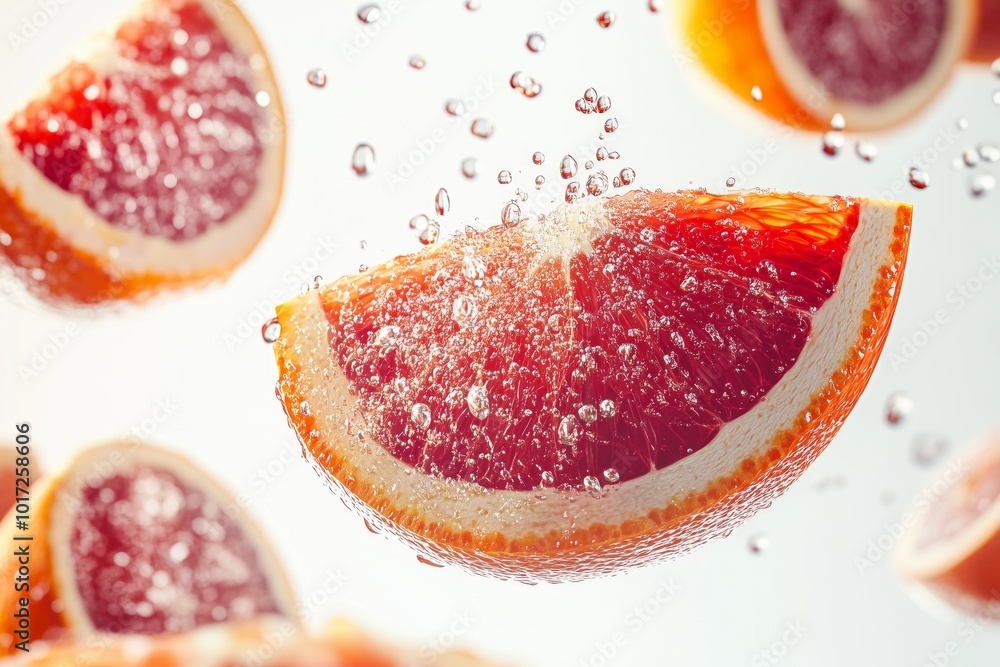 A close up of a red grapefruit with water droplets surrounding it. Concept of freshness and vitality, as the grapefruit is surrounded by clear water droplets that give it a sparkling appearance. A close up of a red grapefruit with water droplets surrounding it. Concept of freshness and vitality, as the grapefruit is surrounded by clear water droplets that give it a sparkling appearance.