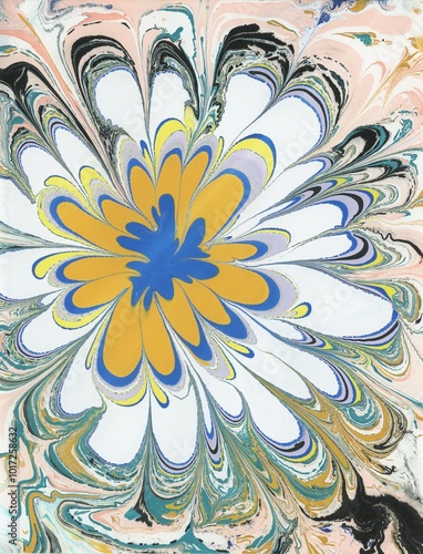 Hand Painted Abstract Marbled Artwork: Blue Yellow and White Flower on Tan Black and Teal Background