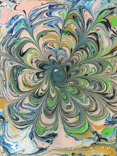 Hand Painted Abstract Marbled Artwork: Teal, Tan, Green, and Black Centered Floral Pattern