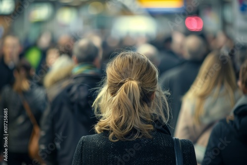 Back view of a young woman with long blond hair looking at the street