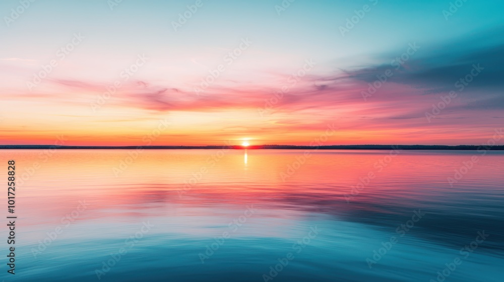 Tranquil Sunset Reflections on Calm Lake - Ideal Banner Background with Copy Space for Text Tranquil Sunset Reflections on Calm Lake - Ideal Banner Background with Copy Space for Text
