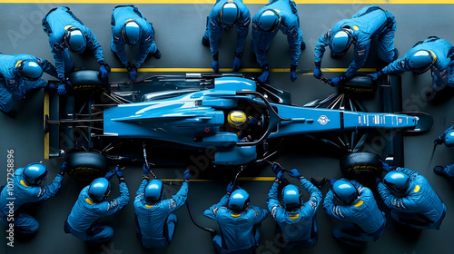 A Formula 1 pit stop with a team working on a race car.
