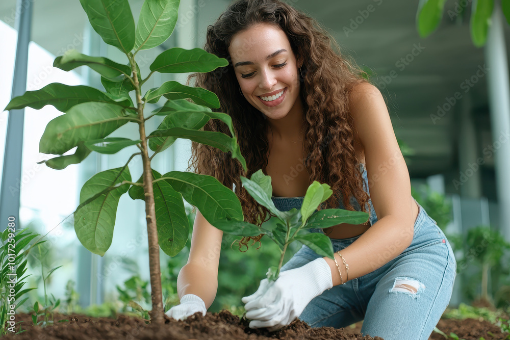 young woman planting trees with joy and care in green environment. young woman planting trees with joy and care in green environment.