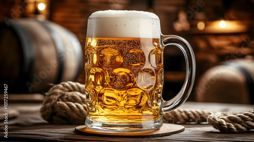 A frothy beer mug on a rustic table, evoking a cozy atmosphere.