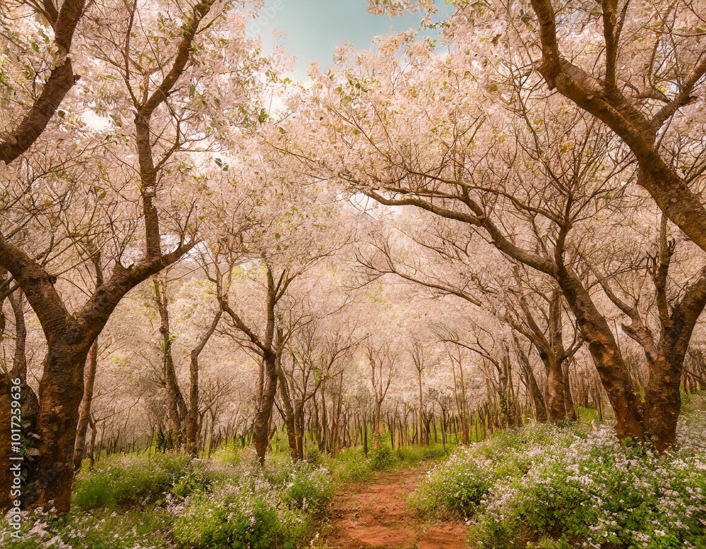 A Serene Forest Covered in Blossoming Cherry Trees During Springtime, Captured Without People for a Peaceful, Nature-Themed Zoom Background or Seasonal Nature Photography A Serene Forest Covered in Blossoming Cherry Trees During Springtime, Captured Without People for a Peaceful, Nature-Themed Zoom Background or Seasonal Nature Photography