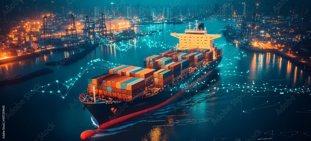 Aerial view of a cargo ship filled with containers sailing in the open ...