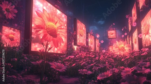 A surreal garden where flowers bloom into abstract digital screens, each showing fragmented virtual realities, Outlandish, Dreamlike, 3D Render, Neon