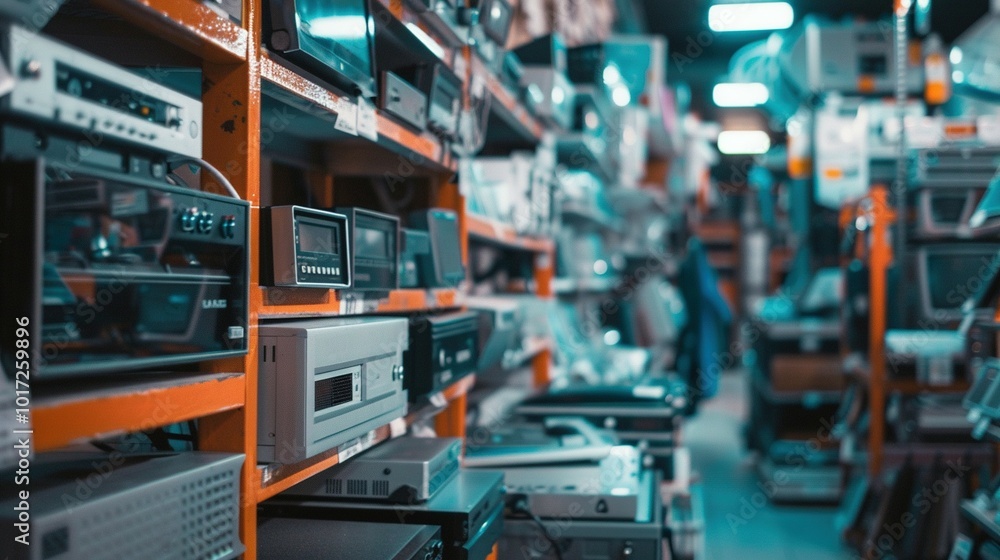 Rows of Electronic Devices on Shelves in a Store Rows of Electronic Devices on Shelves in a Store