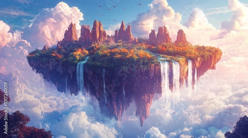 A floating island where mythical creatures like unicorns and griffins graze beneath a sky filled with upside-down waterfalls, Unreal, Surreal, Fantasy, Vibrant Colors photo