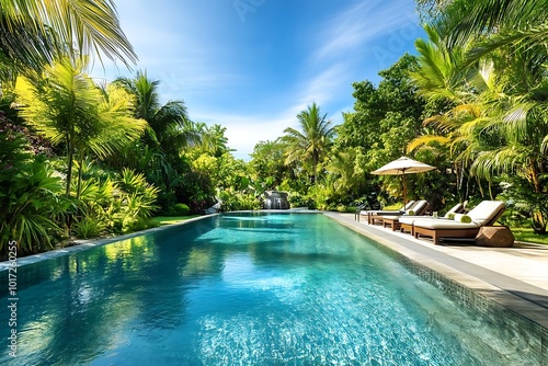 A serene pool surrounded by lush greenery and tropical plants, perfect for relaxation and leisure.